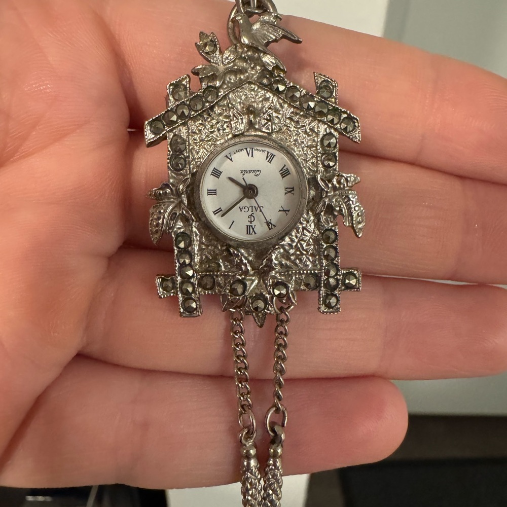 A.L.C. Silver-tone Marcasite Cuckoo Pendant Watch